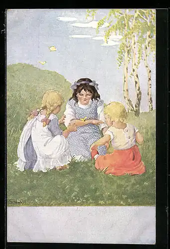 Künstler-AK Franziska Schenkel: Frühlingsboten, Mädchen im Grünen