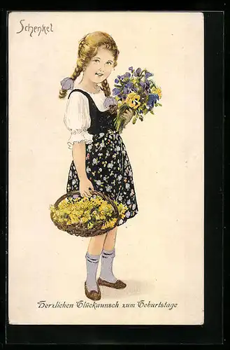 Künstler-AK Franziska Schenkel: Mädchen mit Blumenkorb
