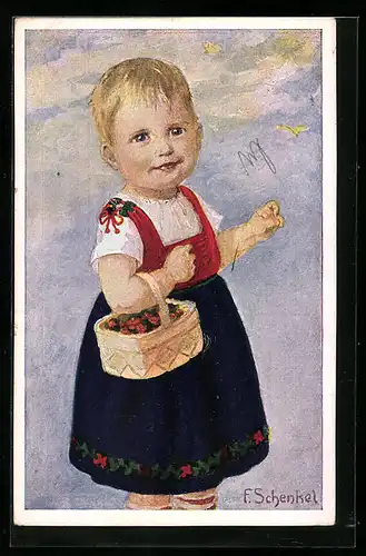 Künstler-AK Franziska Schenkel: Mädchen mit Körbchen voller Früchte