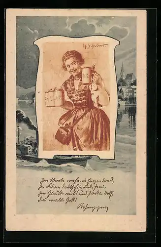 Künstler-AK H. Schubert: Kellnerin mit Bierkrügen