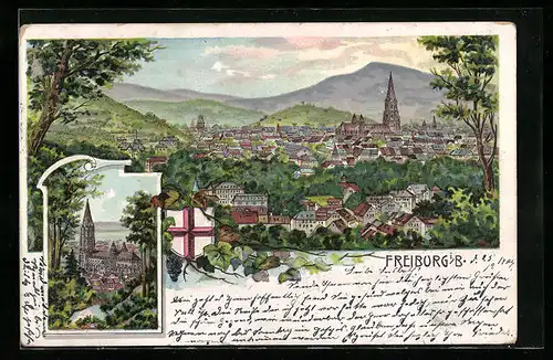 Lithographie Freiburg, Ortspanorama mit Kirche