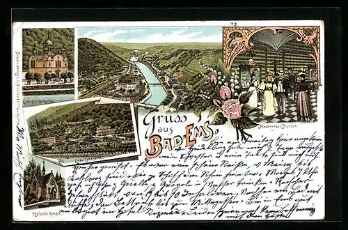 Lithographie Bad-Ems, Griechische Kirche, Englische Kirche, Linke Lahnseite