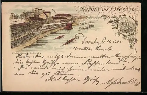 Lithographie Dresden, Helbigs Etablissement am Theaterplatz, Ruder-Regatta