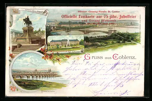 Lithographie Koblenz, Kgl Schloss mit Fontaine, Denkmal von Kaiser Wilhelm I., Moselbrücke