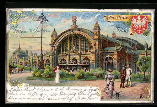 Künstler-Lithographie Frankfurt, Hauptbahnhof mit Passanten, Pferdekutsche