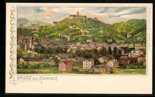 Lithographie Eisenach, Ortsansicht mit Bergen