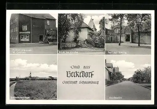 AK Beckedorf, Kolonialwaren W. Ortlieb, Kirche, Schachtanlage