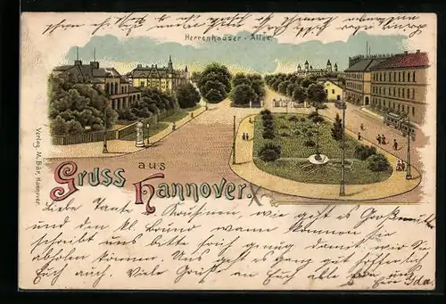 Lithographie Hannover, Herrenhauser-Alle mit Passanten