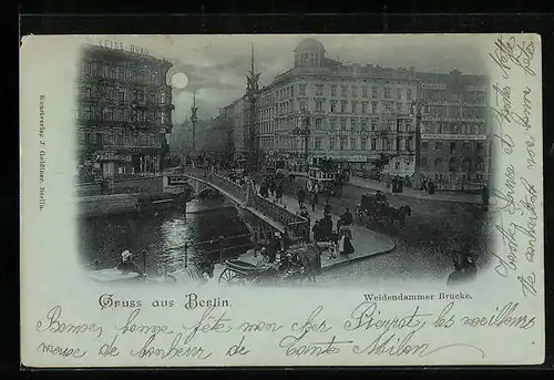 Mondschein-AK Berlin, Weidendammer Brücke mit Passanten