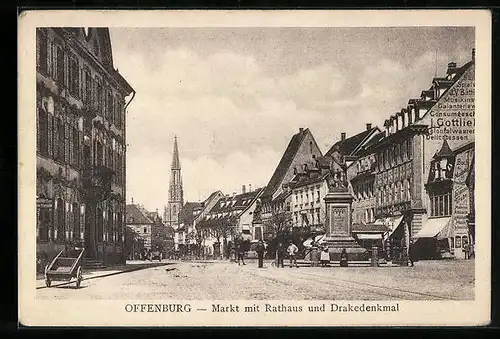 AK Offenburg, Markt mit Rathaus und Drakedenkmal