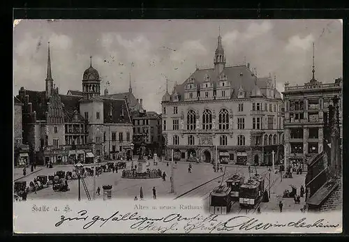 AK Halle a. S., Altes u. neues Rathaus, Strassenbahn