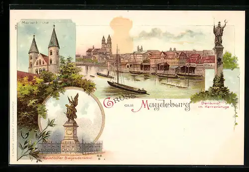 Lithographie Magdeburg, Marienkirche, Neustädter Siegesdenkmal, Denkmal im Herrenkruge, Ortsansicht