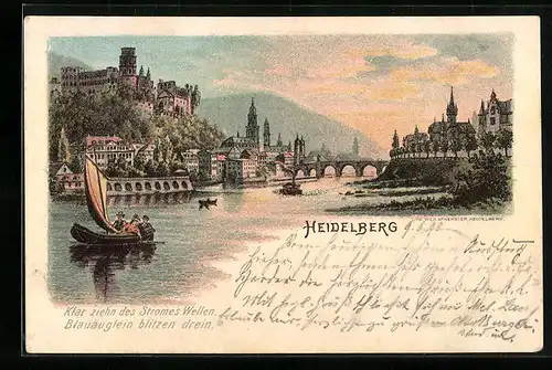 Lithographie Heidelberg, Flusspartie mit Ortsansicht