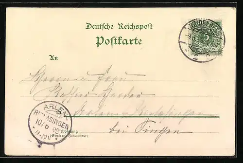 Lithographie Heidelberg, Flusspartie mit Ortsansicht