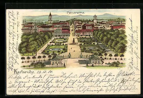 Lithographie Karlsruhe, Ortsansicht aus der Vogelschau