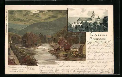 Lithographie Gernsbach i. Murgthal, Kirche, Uferpartie mit Brücke
