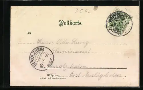Lithographie Gernsbach i. Murgthal, Kirche, Uferpartie mit Brücke