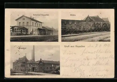 AK Kapellen, Der Bahnhof, Mühle, Brauerei