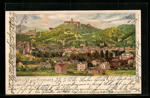 Lithographie Eisenach, Gesamtansicht mit Burgberg