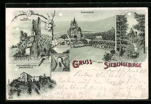 Lithographie Königswinter /Siebengebirge, Restaurant auf dem Drachenfels, Ruine Drachenfels, Drachenburg