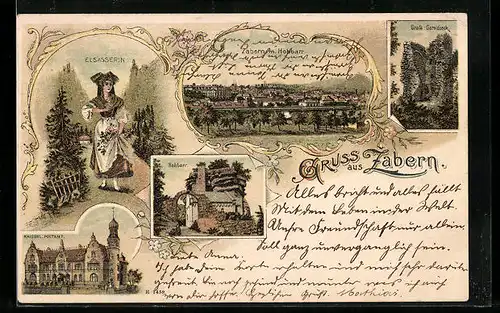 Lithographie Zabern, Kaierl. Postamt, Hohbarr, Elsässerin