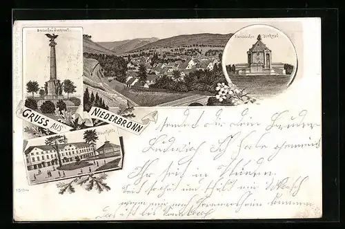 Lithographie Niederbronn, Wauxhalle, Deutsches-Denkmal, Ortsansicht