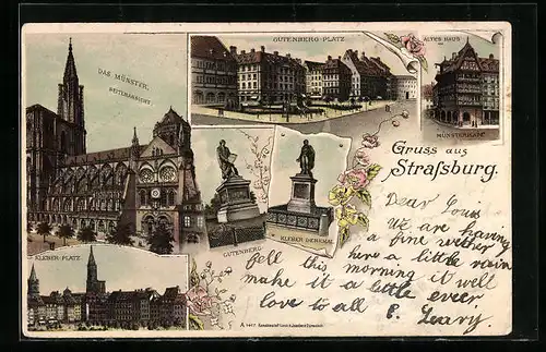 Lithographie Strassburg, Gutenberg-Platz, Altes Haus am Münsterplatz, Kleber-Platz