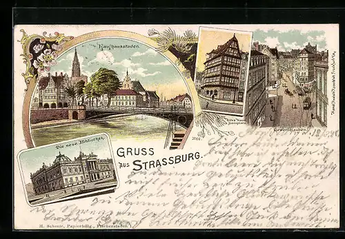 Lithographie Strassburg, Kaufhausstaden, Neue Bibliothek, Altes Haus a. Domplatz