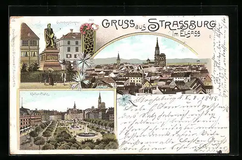 Lithographie Strassburg, Kleber-Platz, Gutenberg-Denkmal, Ortsansicht