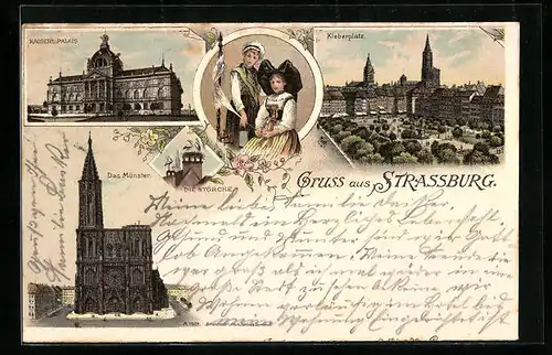 Lithographie Strassburg, Kaiserl. Palais, Kleberplatz, Münster