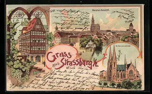 Lithographie Strassburg, Ev. Garnisonskirche, General-Ansicht