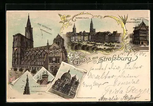 Lithographie Strassburg, St. Peter, Münster Seitenansicht, Kleber-Platz
