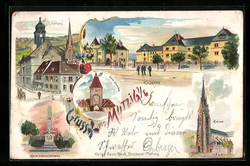 Lithographie Mutzig, Kirche, Rathaus, Kaserne, Kriegerdenkmal