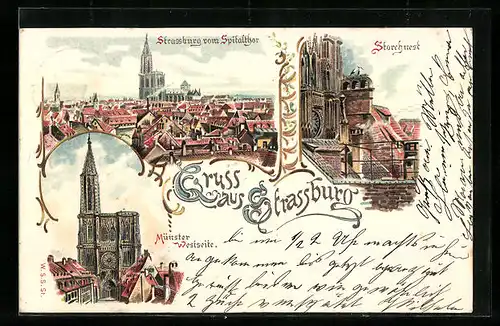 Lithographie Strassburg, Münster Westseite, Storchennest, Ortsansicht vom Spitalthor