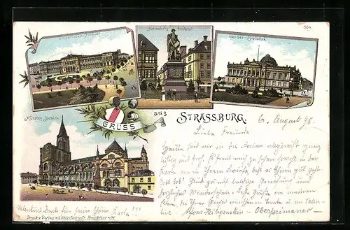 Lithographie Strassburg, Landes-Bibliothek, Gutenberg-Denkmal, Münster Südseite