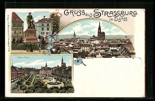 Lithographie Strassburg, Kleber-Platz, Gutenberg-Denkmal, Gesamtansicht