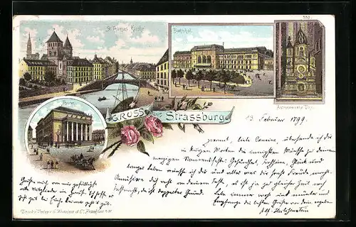 Lithographie Strassburg, Bahnhof, St. Thomas Kirche, Theater