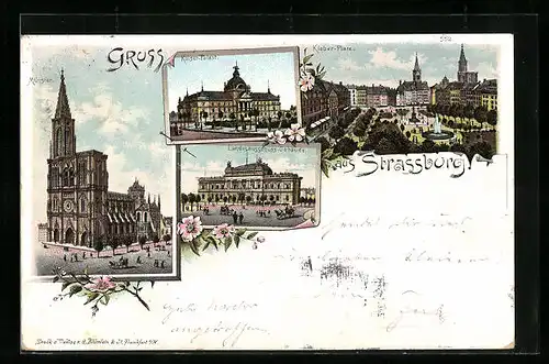 Lithographie Strassburg, Kleber-Platz, Münster, Kaiser Palast