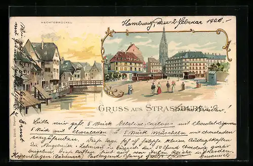 Lithographie Strassburg, Hechtebrückel, Metzgerplatz mit Strassenbahn