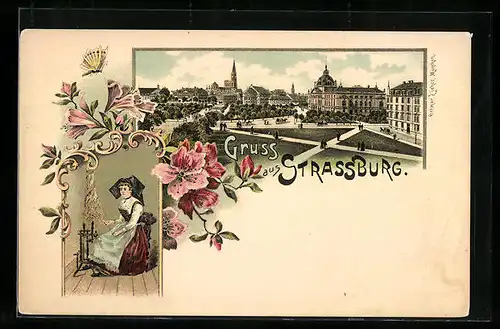 Lithographie Strassburg, Ortspartie mit Passanten