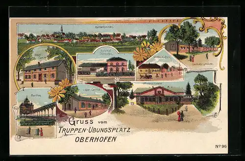 Lithographie Oberhofen, Truppen-Uebungsplatz, Lager Cantine, Pavillon, Bahnhof