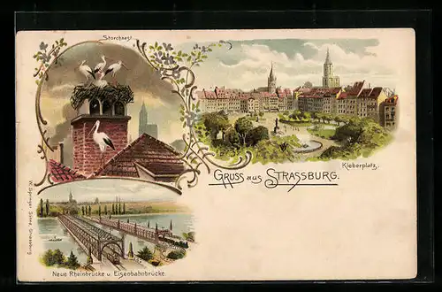 Lithographie Strassburg, Kleberplatz, Storchennest, Neue Rheinbrücke