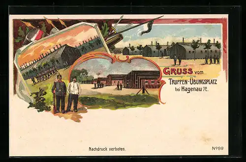 Lithographie Hagenau, Truppen-Übungsplatz, Soldaten in Uniform