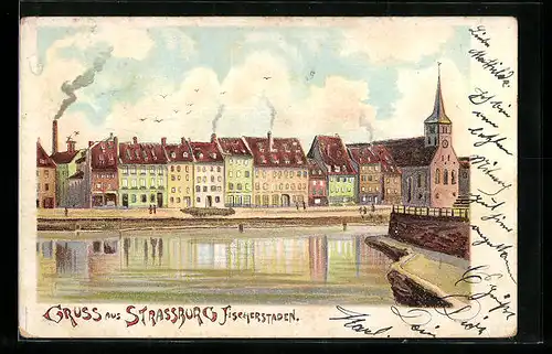 Lithographie Strassburg, Blick auf Fischerstaden