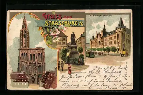 Lithographie Strassburg, Reichspostgebäude, Gutenberg-Denkmal