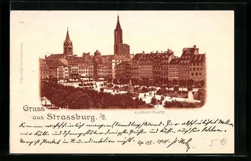 Lithographie Strassburg, Kleber-Platz mit Kirche