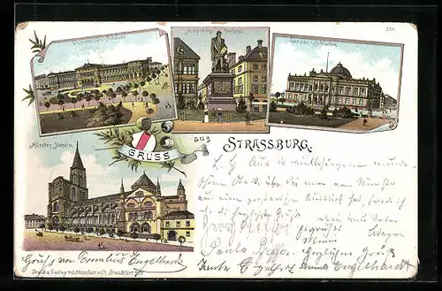 Lithographie Strassburg, Gutenberg-Denkmal, Landes-Bibliothek, Münster Südseite