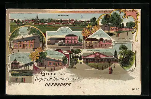 Lithographie Oberhofen, Truppen-Uebungsplatz, Bahnhof, Generals-Gebäude, Pavillon