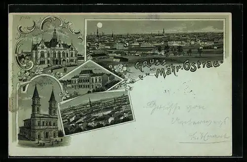 Mondschein-Lithographie Mähr.-Ostrau, Deutsches Haus, Kirche, Národni dum