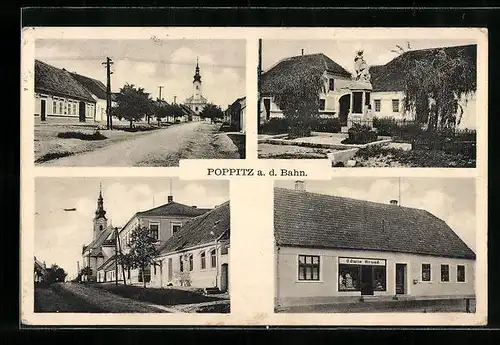 AK Poppitz a. d. Bahn, Geschäftshaus Edwin Grund, Strassenpartien mit Kirche, Denkmal